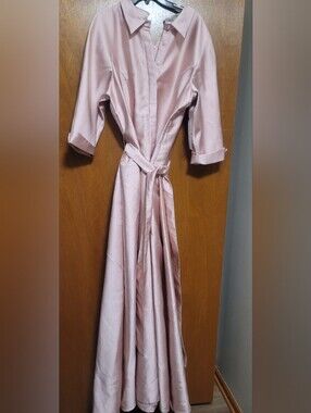 Teri Jon Blush Pink Mikado Shirt Drop Waist Dress with Self Tie Belt Size 18